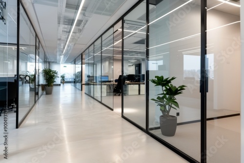 Modern Office Hallway With Glass Partitions
