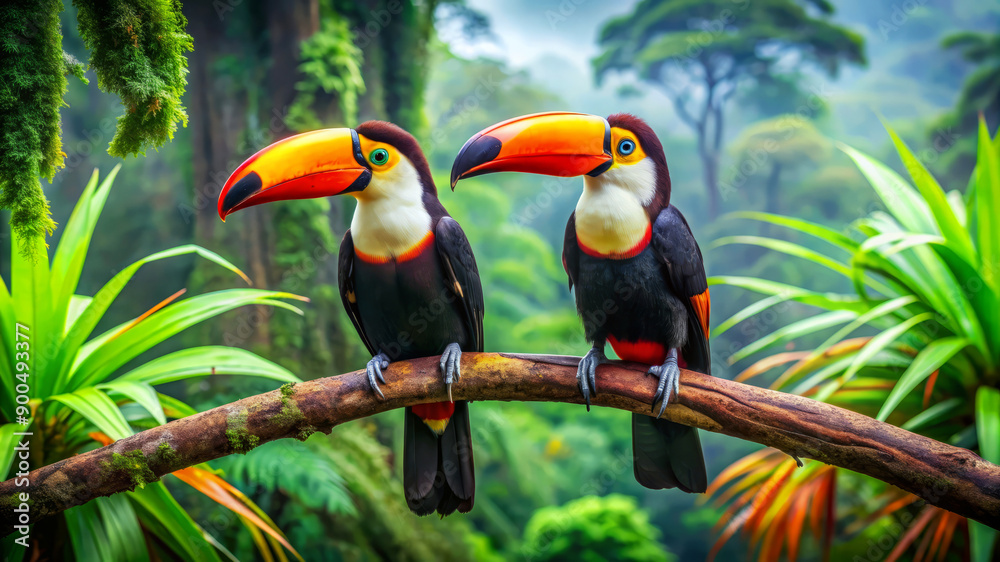 Obraz premium Two Toucans Perched on Branch in Lush Rainforest.