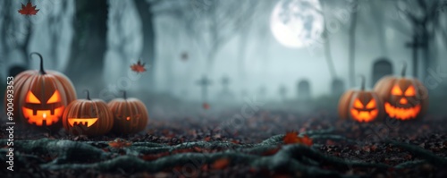 Jack-O'-Lanterns in a Foggy Forest at Night