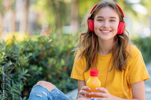 Happy Teenager Listening to Music Outdoors