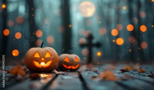 Carved Pumpkins on Wooden Table for Halloween