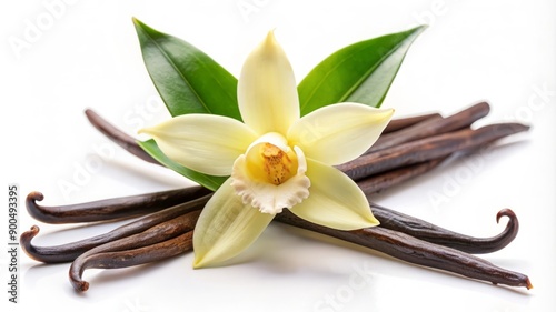 Vanilla Beans and Flower Isolated on White Background.