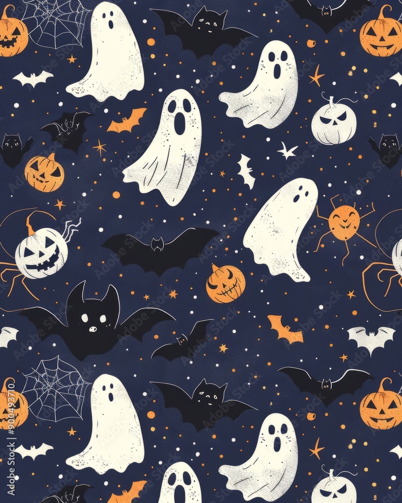 Seamless Halloween pattern with ghosts, pumpkins, bats and stars on blue background. Seamless Halloween pattern with ghosts, pumpkins, bats and stars on blue background.