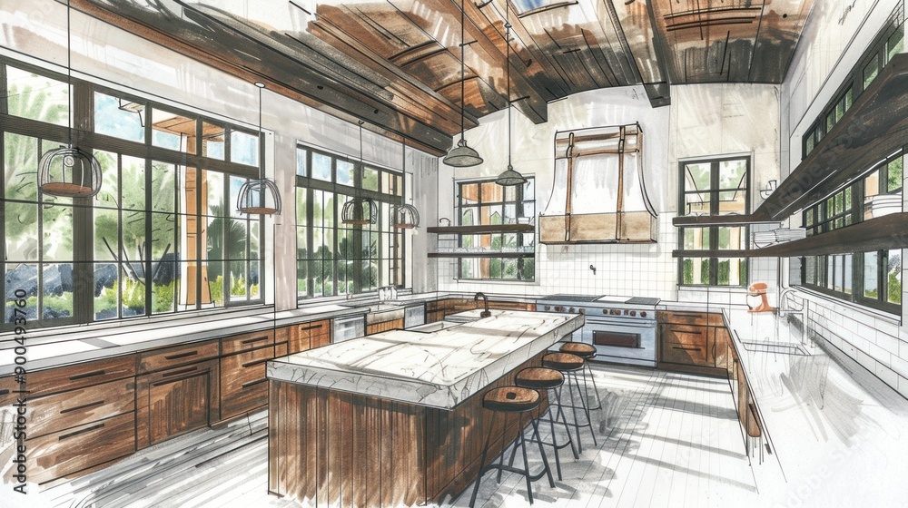 Fototapeta premium Modern Kitchen Interior Design Sketch
