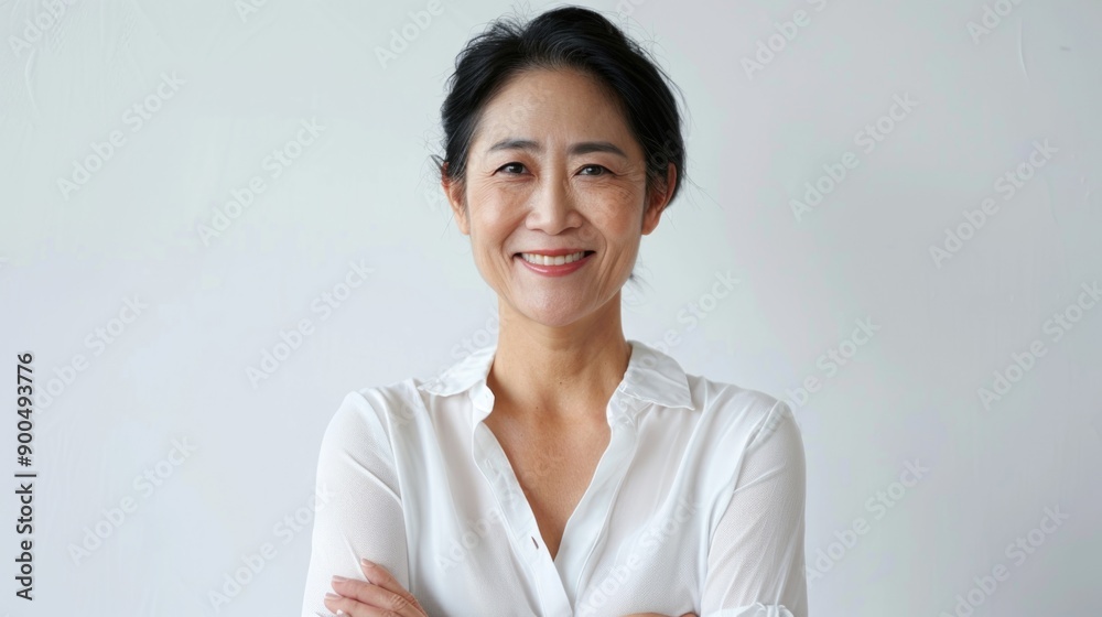 Portrait of a woman wearing a white shirt and crossing her arms, suitable for use in editorial or lifestyle settings Portrait of a woman wearing a white shirt and crossing her arms, suitable for use in editorial or lifestyle settings