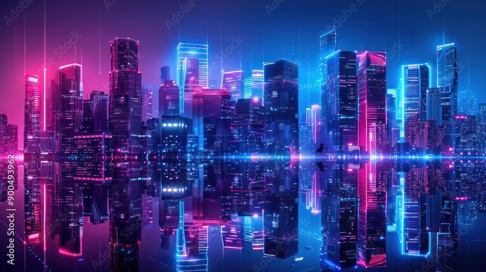A city skyline is reflected in a body of water A city skyline is reflected in a body of water