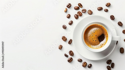 A cup of espresso with coffee beans around, leaving ample room for text