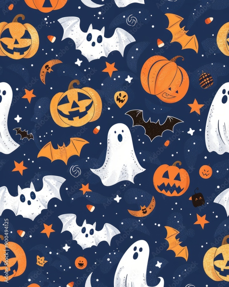 Seamless Halloween Pattern with Jack-o'-lanterns, Ghosts, and Bats on a Blue Background. Seamless Halloween Pattern with Jack-o'-lanterns, Ghosts, and Bats on a Blue Background.