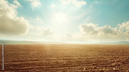 A desolate, barren field under a hot sun, offering plenty of room for text or design elements. photo