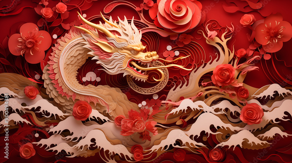 A red Chinese dragon with gold accents and intricate patterns A red Chinese dragon with gold accents and intricate patterns