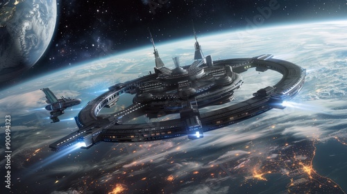 Fototapeta Naklejka Na Ścianę i Meble -  Illustration of a space station satellite in a fictional world orbiting beyond Earth.