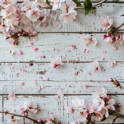 Spring Cherry Blossoms on Rustic Wooden Table photo