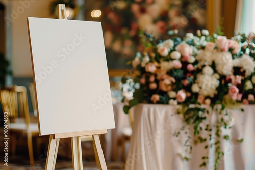 Blank canvas on an easel in a beautifully decorated room with floral arrangements and elegant furnishings, ready for creative inspiration.