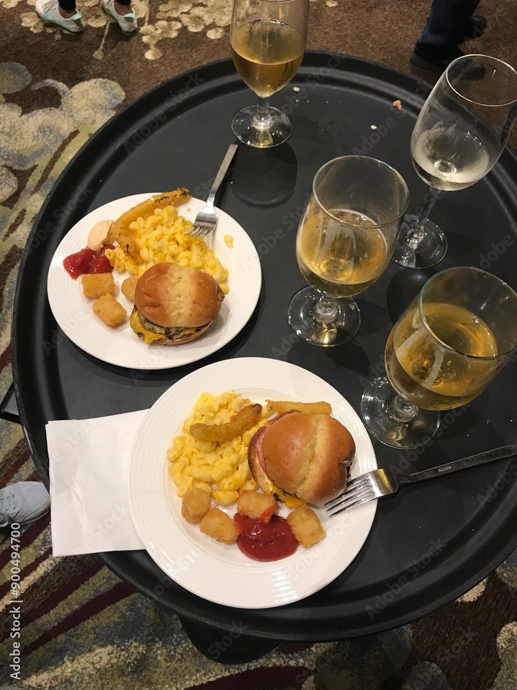 Reception with burger and wine