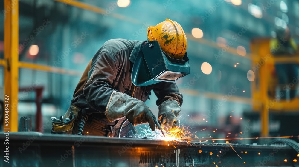 A skilled welder working on a metal structure, showcasing sparks and focus in an industrial environment. A skilled welder working on a metal structure, showcasing sparks and focus in an industrial environment.