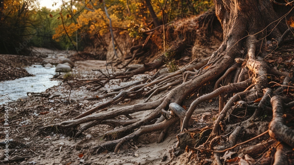 A dry riverbank with exposed roots, providing ample space for copy. A dry riverbank with exposed roots, providing ample space for copy.