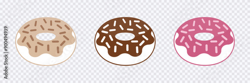 Donut or doughnut icon set with different flavors in transparent background for food apps and web