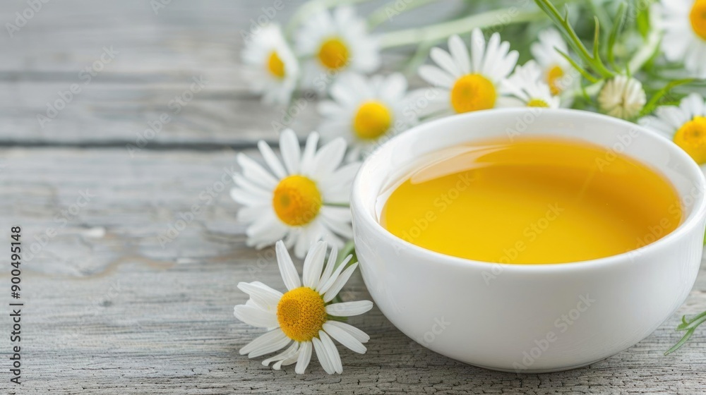 A serene scene featuring a bowl of bright oil surrounded by fresh daisies on a rustic wooden table, conveying natural beauty. A serene scene featuring a bowl of bright oil surrounded by fresh daisies on a rustic wooden table, conveying natural beauty.