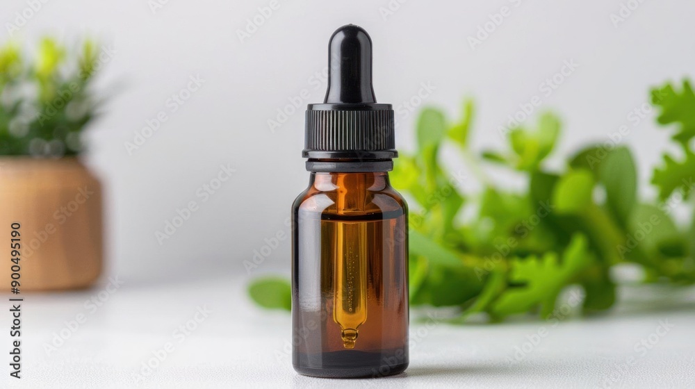 A sleek amber dropper bottle placed elegantly with greenery in the background, perfect for herbal or essential oil presentations. A sleek amber dropper bottle placed elegantly with greenery in the background, perfect for herbal or essential oil presentations.