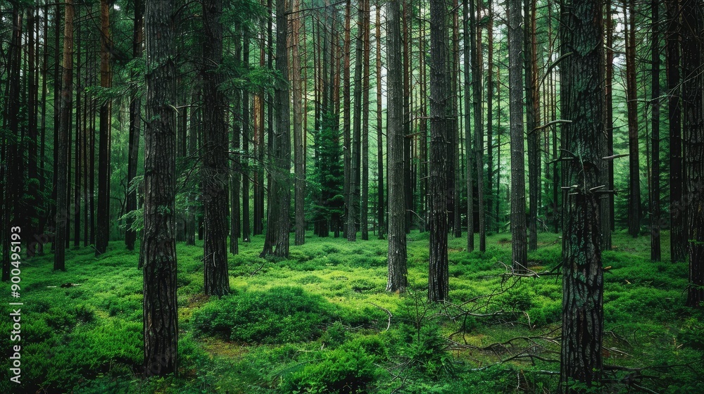 A forest of tall pine trees creates a dense and green background with plenty of open space for copy. A forest of tall pine trees creates a dense and green background with plenty of open space for copy.