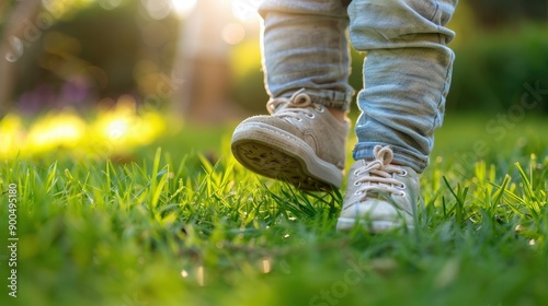 Tiny feet in soft shoes tread lightly on vibrant green grass, capturing a moment of youthful exploration under warm sunlight © Darya