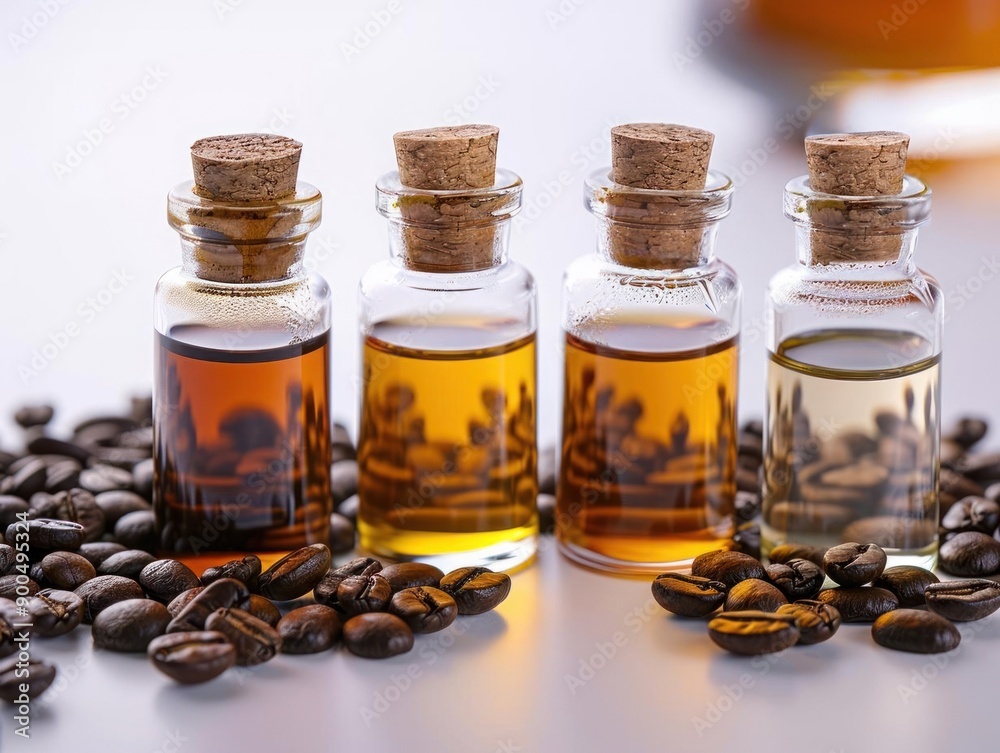 Various glass bottles filled with aromatic coffee extracts, surrounded by coffee beans, perfect for culinary and beverage themes. Various glass bottles filled with aromatic coffee extracts, surrounded by coffee beans, perfect for culinary and beverage themes.
