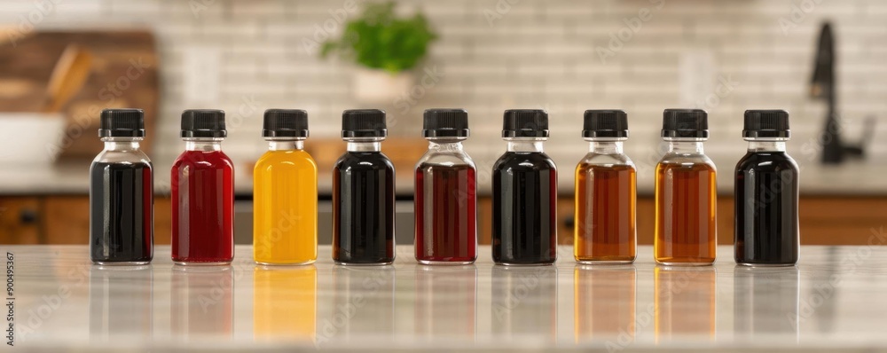 A vibrant array of colorful beverage bottles arranged on a kitchen countertop, perfect for culinary inspiration and creativity. A vibrant array of colorful beverage bottles arranged on a kitchen countertop, perfect for culinary inspiration and creativity.