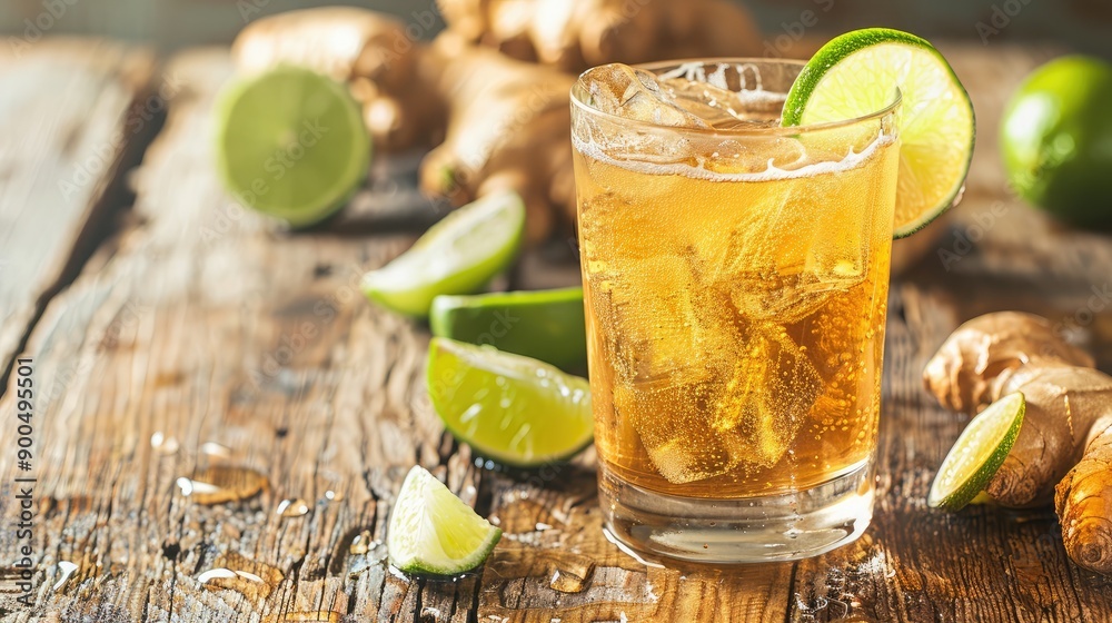 A glass of cold ginger beer with lime slices, leaving ample room for text. A glass of cold ginger beer with lime slices, leaving ample room for text.