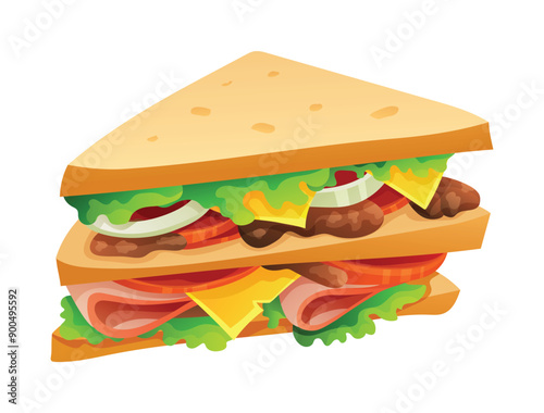 Club sandwich with ham, lettuce, tomato, and cheese. Vector cartoon illustration