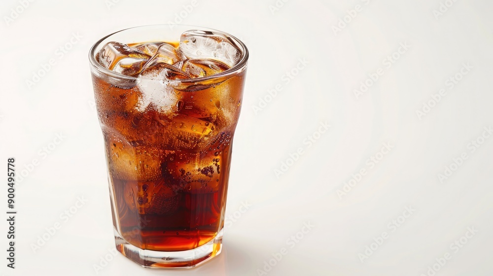 A glass of freshly brewed iced coffee with ice cubes, offering ample space for text.