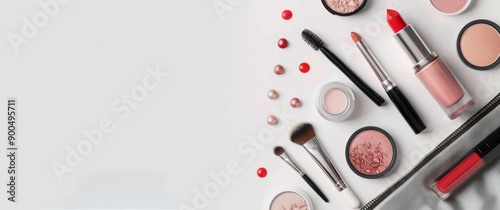 Makeup Brushes and Products on White Background