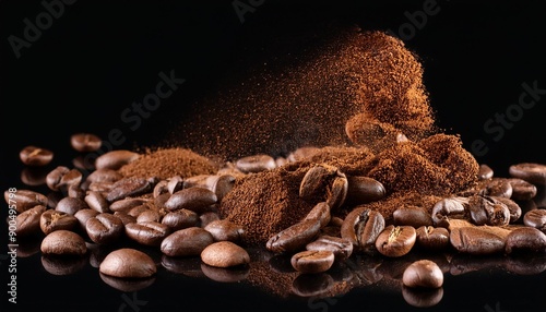 coffee beans with ground coffee explosion on black background