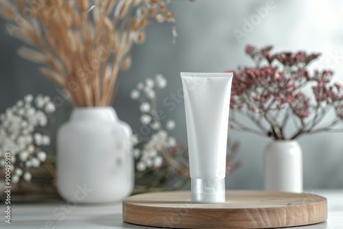 White Lotion Tube on Wooden Board
