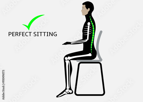 Correct back sitting position Anatomy 
silhouette . show main bones, Working in right way, image free copy space, horizontal black and white image. can be edit, vector illustration