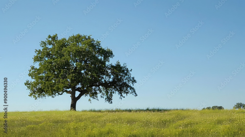 A lone oak tree stands tall in a sunlit field with clear blue sky, providing ample copy space around its lush green leaves. A lone oak tree stands tall in a sunlit field with clear blue sky, providing ample copy space around its lush green leaves.