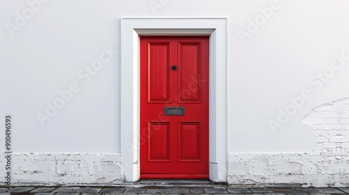 A red door with white trim sits in front of a white wall