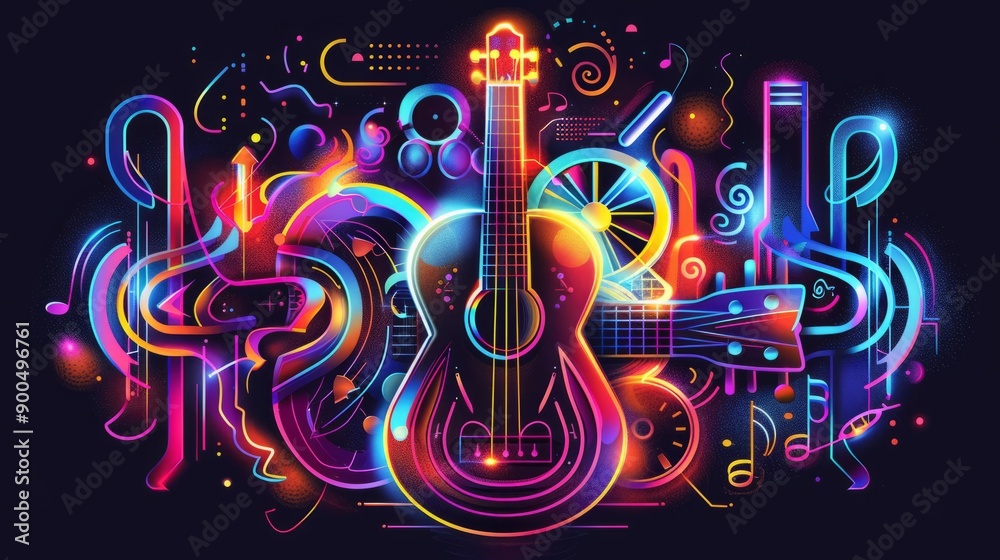 Fototapeta premium Vector illustration of musical instruments, guitar and bass in the center with colorful glowing neon shapes around it, on black background