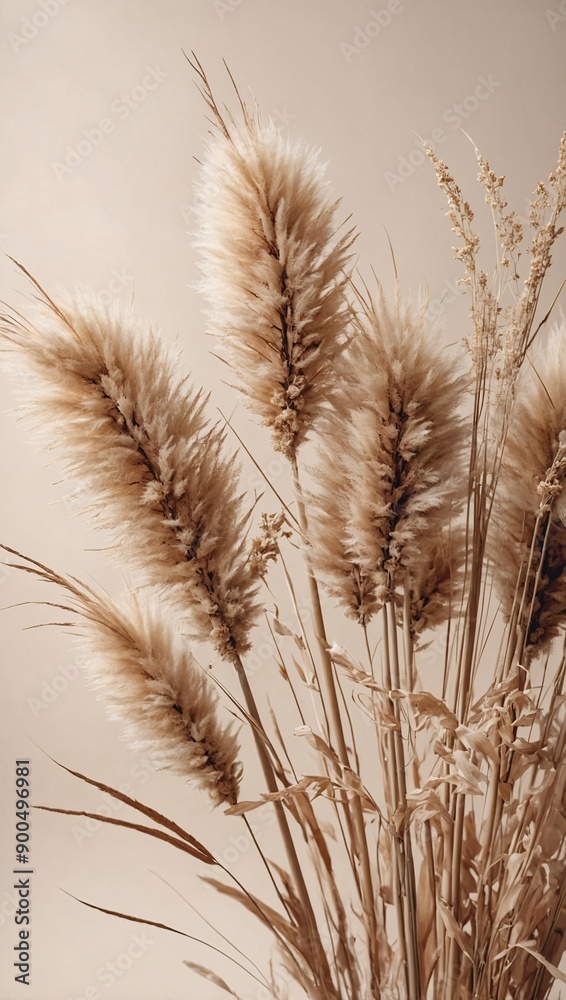 Soft beige background with fluffy dried flowers. 3D Pampas grass, boho calm floral design. High contrast Soft beige background with fluffy dried flowers. 3D Pampas grass, boho calm floral design. High contrast