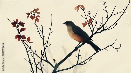 Silhouette of a bird perched on a branch on clean background.