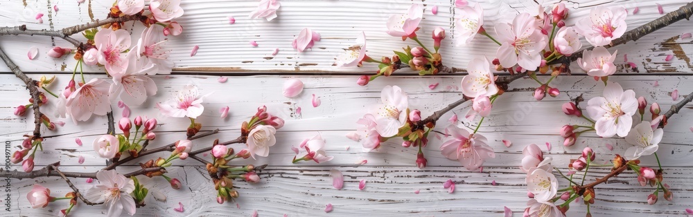 Spring Cherry Blossoms on Rustic Wooden Table Spring Cherry Blossoms on Rustic Wooden Table