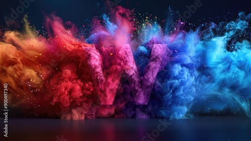 Abstract Letter W Created by Vibrant Color Dust Explosion on Black Background