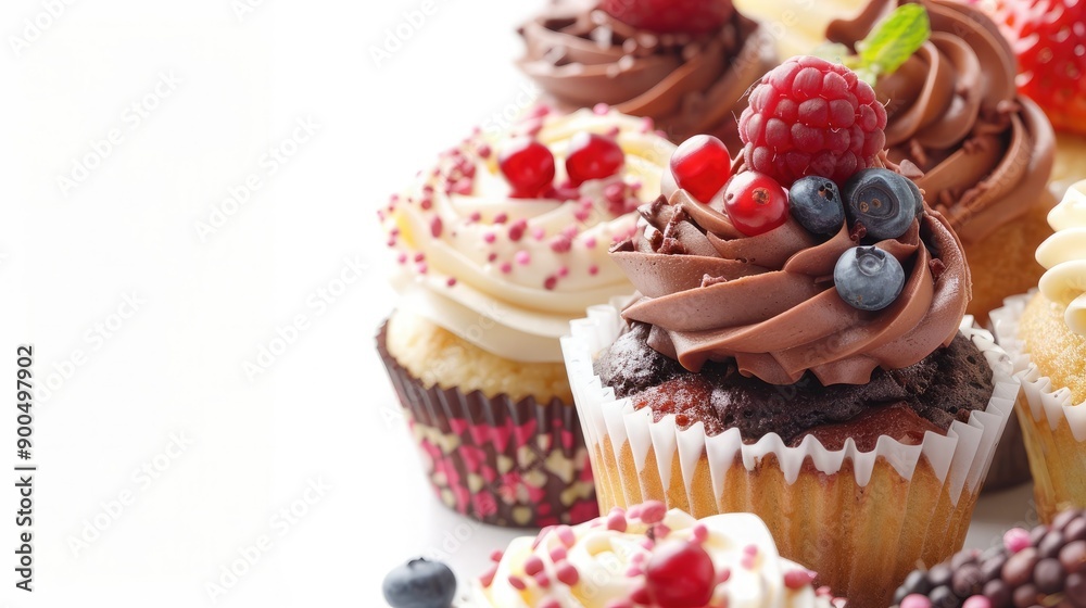 A selection of gourmet cupcakes on a white background, offering ample space for text or graphics. A selection of gourmet cupcakes on a white background, offering ample space for text or graphics.