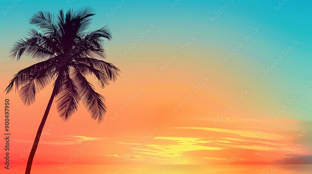 A single palm tree against a sunset sky creates a tranquil and picturesque background