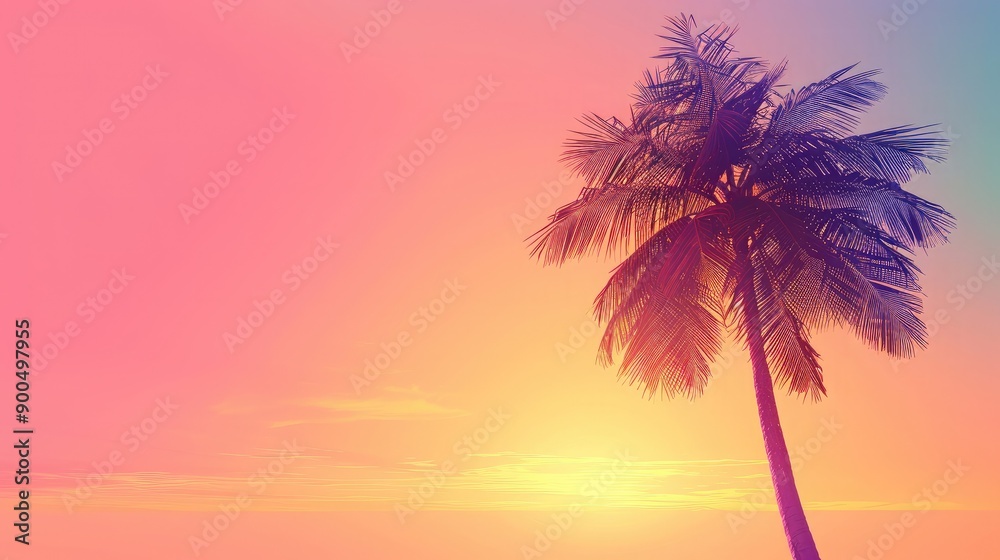 A single palm tree against a sunset sky creates a tranquil and picturesque background A single palm tree against a sunset sky creates a tranquil and picturesque background