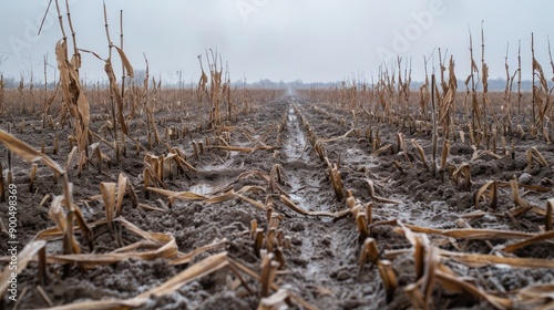 A withered crop field with no water in sight, offering ample room for copy.