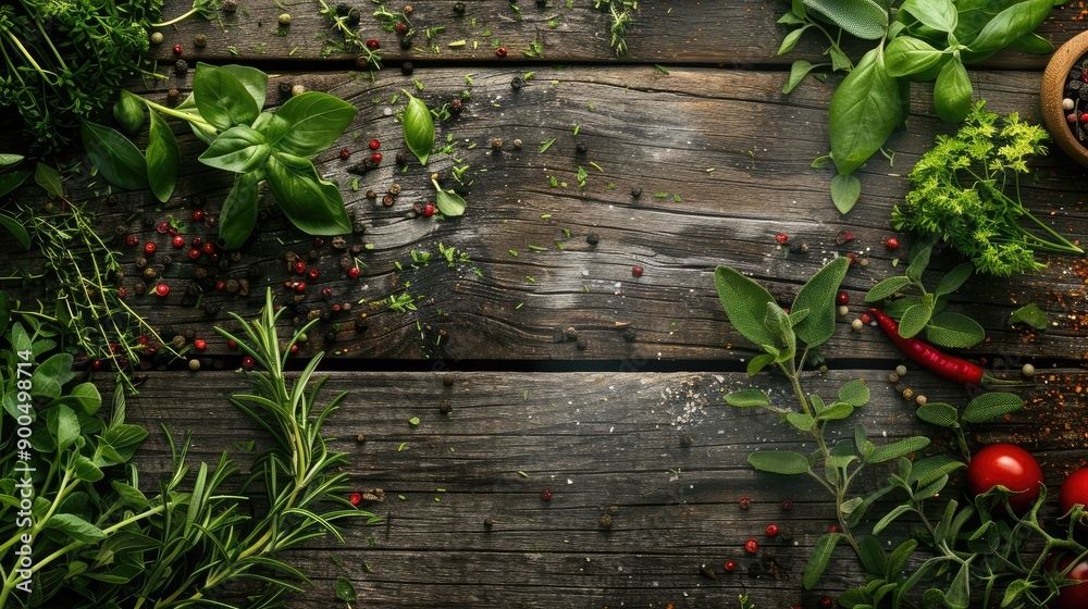 An array of fresh herbs and spices on a wooden table, providing plenty of space for text or design elements. An array of fresh herbs and spices on a wooden table, providing plenty of space for text or design elements.