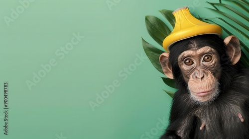 Monkey with a bananashaped hat in the corner, jungle background, animal fashion, playful monkey photo