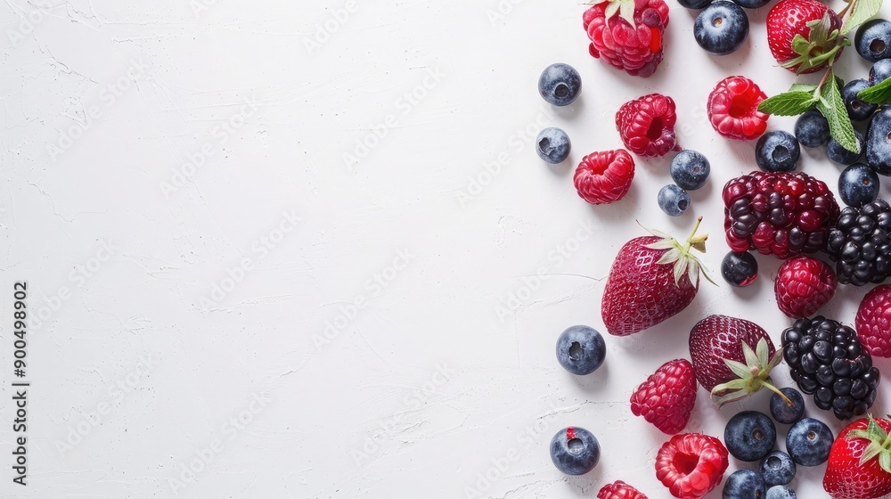 An assortment of fresh berries on a white background, providing plenty of empty space for copy. An assortment of fresh berries on a white background, providing plenty of empty space for copy.