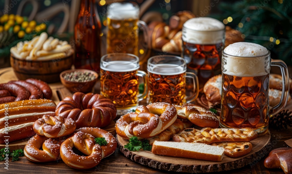 A wooden table spread with pretzels, sausages, and beer at the Oktoberfest festival. A wooden table spread with pretzels, sausages, and beer at the Oktoberfest festival.
