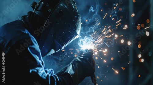 Welder working with sparks and smoke